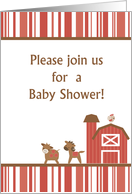 Red Barn Farm Animals Cow Horse Rooster Baby Shower Invitation card