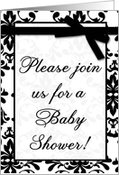 Baby Shower Invitation, Black and White Damask Lace Print Fabric Pattern Look card