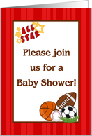 All Star MVP Sports Balls Football Basketball Baseball Soccer Baby Shower Invitation card