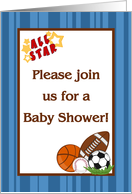 All Star MVP Sports Balls Football Basketball Baseball Soccer Baby Shower Invitation card