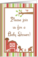 Farm Red Barn Horse Pony Bird Sheep Pig Rooster Cow Farm Animals Baby Shower Invitation card