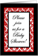 Red and Black Damask Lace Print Fabric Pattern Baby Shower Invitation card