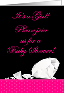 Hot Pink and Black Polka Dot Diamond like Bling Baby Shower Invitation Girl card