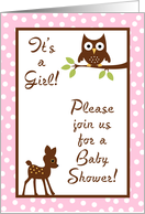 Girly Girl Pink Woodland Forrest Animals Baby Deer Hoot Owl Baby Shower Invitation card