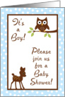 Boy Blue Woodland Forrest Animals Baby Deer Hoot Owl Baby Shower Invitation card