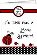 TRIPLET Girls Red Lady Bug, Black & White Polka dot Boarder Baby Shower Invitation card