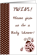 TWIN Girls Pink Lady Bug, Brown & Pink Polka dot Boarder Baby Shower Invitation card