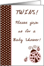 TWIN Girls Pink Lady Bug, Brown & Pink Polka dot Boarder Baby Shower Invitation card