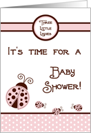 TRIPLET Girls Pink Lady Bug, Brown & Pink Polka dot Boarder Baby Shower Invitation card