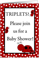 TRIPLET Girls, Red Lady Bug, Black and Red Polka Dot Boarder Baby Shower Invitation card