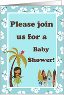 Turquoise Hibiscus Hawaiian Tropical Surfer Girl Surf Boards Baby Shower Invitation card