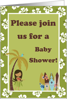 Gender Neutral Green Hibiscus Hawaiian Surfer Girl Surf Boards Baby Shower Invitation card