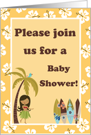 Gender Neutral Yellow Hibiscus Hawaiian Surfer Girl Surf Boards Baby Shower Invitation card