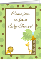 Gender Neutral Green Brown Jungle Lion Giraffe Bird Polka Dot Baby Shower Invitation card