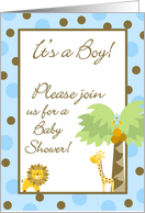 Boy Blue & Brown Safari Jungle Lion Giraffe Bird Polka Dot Baby Shower Invitation card