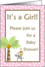 Girl Pink & Brown Safari Jungle Zebra Monkey Bird Polka Dot Baby Shower Invitation card