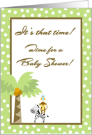 Gender Neutral Green & Brown Zebra Monkey Bird Polka Dot Baby Shower Invitation card