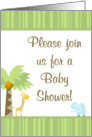 Gender Neutral Green, Brown Jungle Giraffe Elephant Stripes Baby Shower Invitation card