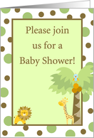 Gender Neutral Green, Brown Zoo Lion Giraffe Bird Polka Dot Baby Shower Invitation card