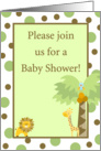 Gender Neutral Green, Brown Zoo Lion Giraffe Bird Polka Dot Baby Shower Invitation card