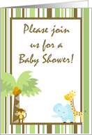 Gender Neutral Green, Brown Zoo Lion Giraffe Bird Striped Baby Shower Invitation card
