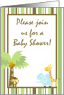 Gender Neutral Green, Brown Zoo Lion Giraffe Bird Striped Baby Shower Invitation card