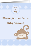 Boy Blue on Blue Safari Jungle Zoo Animal Monkey Polka Dot Baby Shower Invitation card