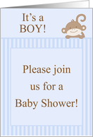 Boy Blue on Blue Safari Jungle Zoo Animal Monkey Striped Baby Shower Invitation card