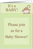 Genderal Neutral Green on Green Safari Jungle Zoo Animal Monkey Striped Baby Shower Invitation card