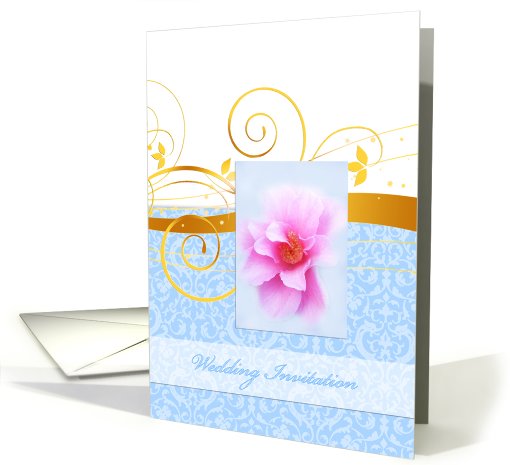 Wedding invitation, pink rose on blue, golden floral... (430301)