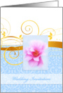 Wedding invitation, pink rose on blue, golden floral design on white, blue damasc pattern card