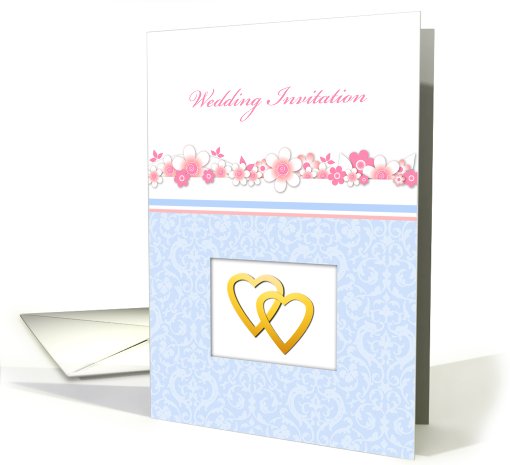 Wedding invitation, pink flowers on white, golden hearts... (430302)