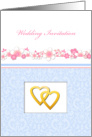 Wedding invitation, pink flowers on white, golden hearts on white, blue damasc pattern card