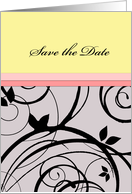 Save the date, pretty black floral design on grey and yellow with pink card
