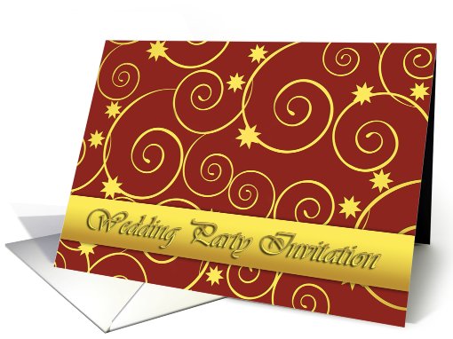 Wedding Party invitation, general, golden swirls on deep red card