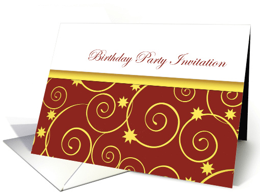 Birthday party invitation, general, golden swirls on red... (743382)