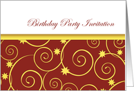 Birthday party invitation, general, golden swirls on red with white card