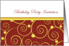 Birthday party invitation, general, golden swirls on red with white card