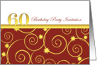 60th birthday Party invitation, elegant golden swirls on red with white card