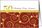 50th birthday Party invitation, elegant golden swirls on red with white card