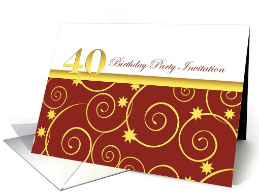 40th birthday Party invitation, golden swirls on red with white card