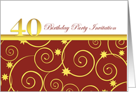 40th birthday Party invitation, golden swirls on red with white card