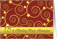 18th birthday Party invitation, elegant golden swirls on red card