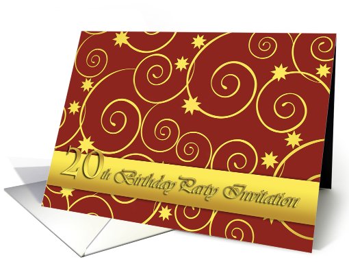 20th birthday Party invitation, elegant golden swirls on red card
