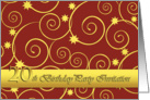 20th birthday Party invitation, elegant golden swirls on red card