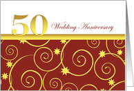 50th wedding anniversary invitation, elegant golden swirls on red card