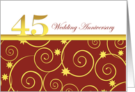45th wedding anniversary invitation, elegant golden swirls on red card