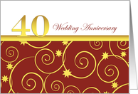 40th wedding anniversary invitation, elegant golden swirls on red card