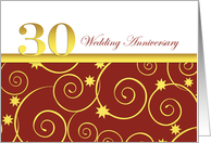 30th wedding anniversary invitation, elegant golden swirls on red card
