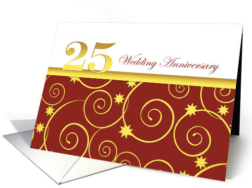 25th wedding anniversary invitation, elegant golden swirls on red card